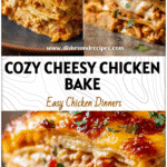 Golden baked Cheesy Holiday Chicken Tortilla Bake layered with tortillas, creamy sauce, and melted cheese.